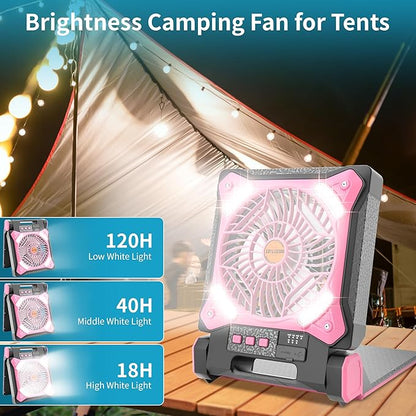 Solar Fan Battery Powered Rechargeable Solar Camping Fan with Led Lantern & Power Bank Foldable Angle USB Personal Fans for Travel Outdoor Camping Tents X98 Pink