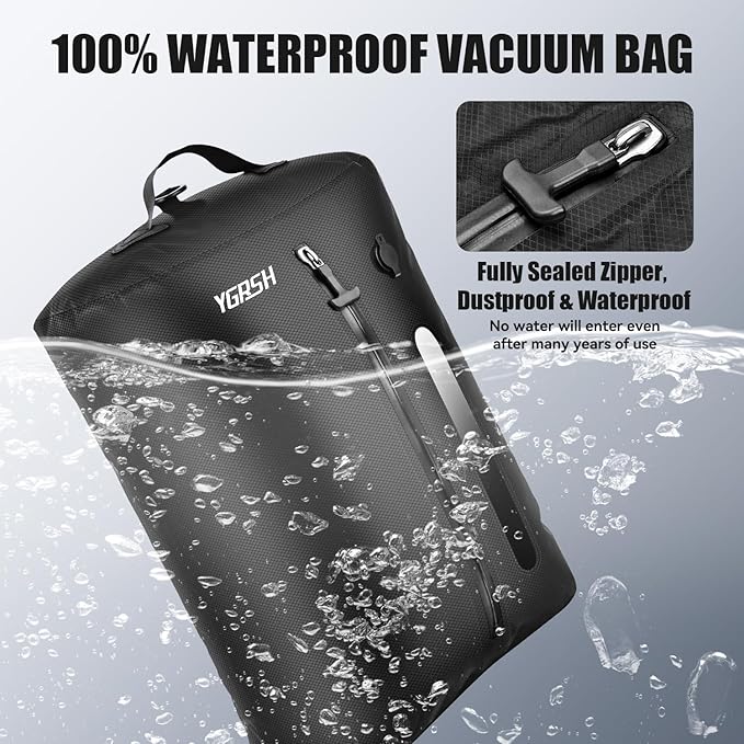36L Vacuum Bags for Travel, Waterproof Compression Bags with Wireless Lockable Pump, Reusable Vacuum Packing Cubes Compatible with Suitcase, Luggage, Backpack (1PC + Pump + Shoulder Strap)
