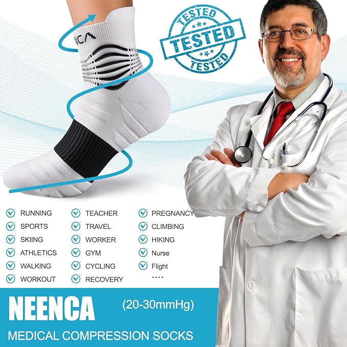 NEENCA Medical Compression Socks for Women & Men Circulation—2 Pairs, Ankle Compression Stockings for Pain Relief, Plantar Fasciitis, Swelling, Running, Nurses, Travel, Pregnancy, Flying. 20-30 mmHg
