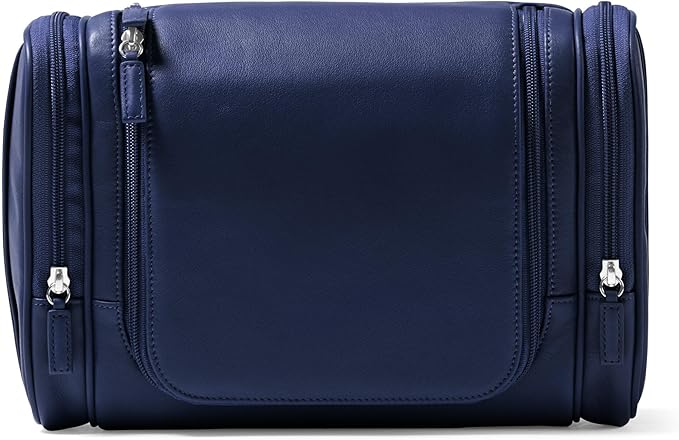 Leatherology Navy Blue Hanging Toiletry Kit – Full Grain Leather Travel Organizer with Hanger and Multiple Storage Compartments