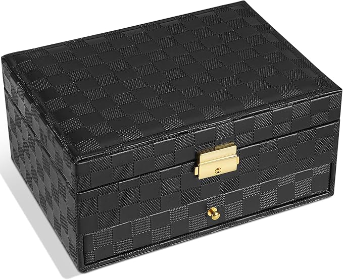 GUOER Jewelry Box for Women Girl Wife - Large PU Leather Jewelry Organizer Storage Case with Two Layers Display for Earrings Bracelets Rings Watches (Checkered Black)