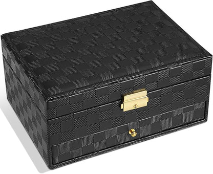GUOER Jewelry Box for Women Girl Wife - Large PU Leather Jewelry Organizer Storage Case with Two Layers Display for Earrings Bracelets Rings Watches (Checkered Black)