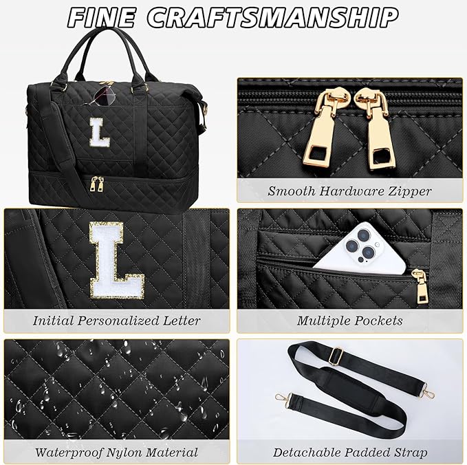 Gifts for Women Initial Travel Duffle Bag Quilted Weekender Carry-On Overnight with Cosmetic Bag, Gym Bag with Shoe Compartment Hospital Bag for Labor Delivery, Black L