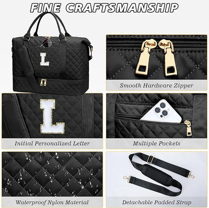 Gifts for Women Initial Travel Duffle Bag Quilted Weekender Carry-On Overnight with Cosmetic Bag, Gym Bag with Shoe Compartment Hospital Bag for Labor Delivery, Black L