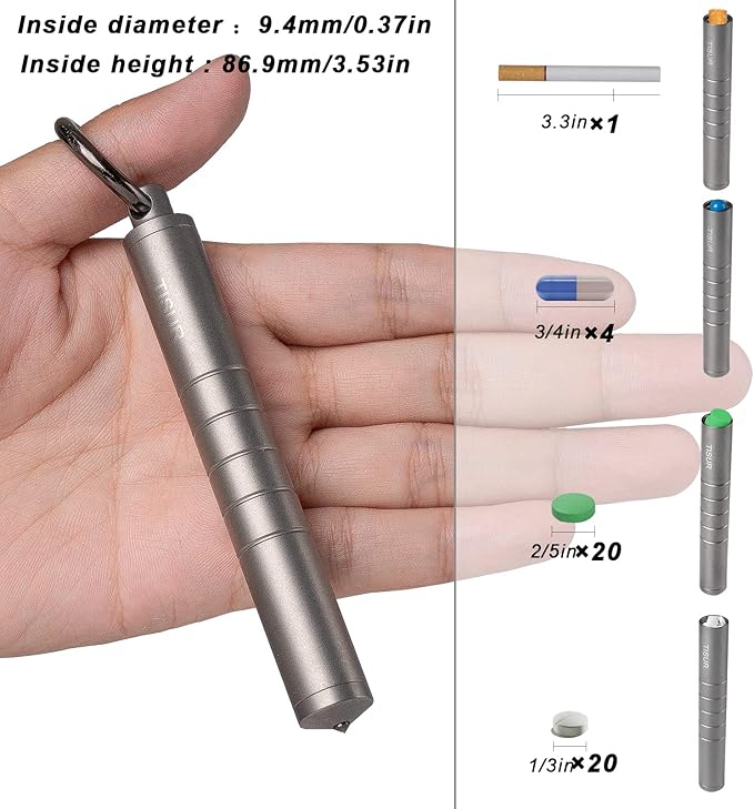 TISUR Small Travel Pill Box,Titanium Keychain Pill Holder Pill Case,Vitamin Organizer Metal Storage Pill Bottle Tube Container Multitool EDC Every Day Carry for Men