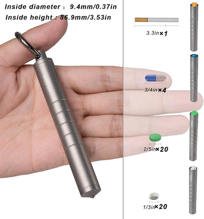TISUR Small Travel Pill Box,Titanium Keychain Pill Holder Pill Case,Vitamin Organizer Metal Storage Pill Bottle Tube Container Multitool EDC Every Day Carry for Men