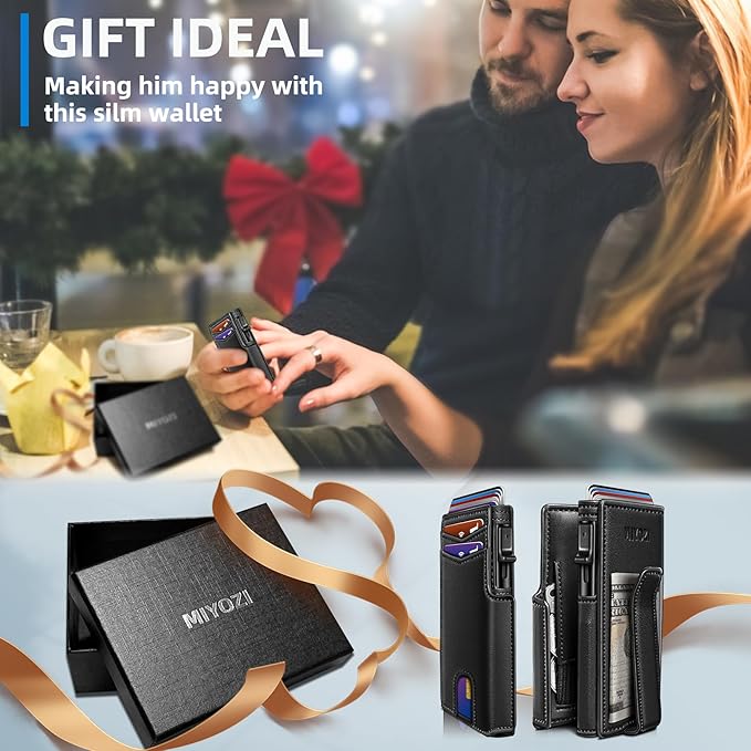 Men Wallet,with Money Clip Coins Pocket ID Window,Slim Front Pocket RFID Blocking Pop-up Card Holder 3.9"x 2.7", Gift Boxed