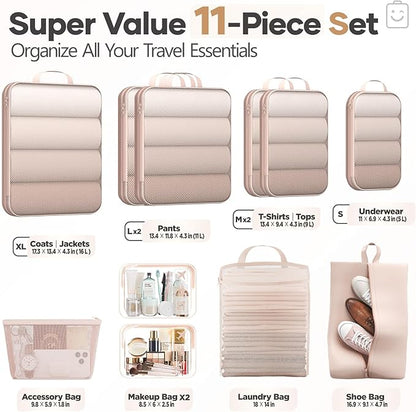Veken 11 Set Compression Packing Cubes for Travel Essentials,Compressible Expandable Large Luggage Suitcase Organizer Bags for Clothing,Durable Space Saver Storage Bags with Toiletry Bags(Beige)