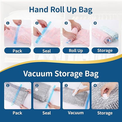 Vacuum Storage Bags for Clothing Travel,7 Pack Vacuum Bags with Pump,Space Saver Bag for Clothes Travel & Home (2 Roll Up Bags,1 Small,1 Medium,1 Large,1 Jumbo,1 Super Jumbo)
