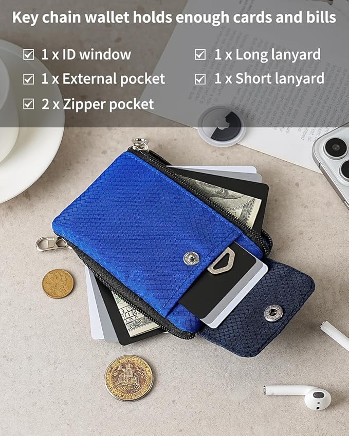 Minimalist Wallet For Mens Womens, Keychain RFID Blocking Zipper Small Wallet with ID Window 2 Lanyards,Water Resistant Travel Cash Card Coin Case Boys Girls