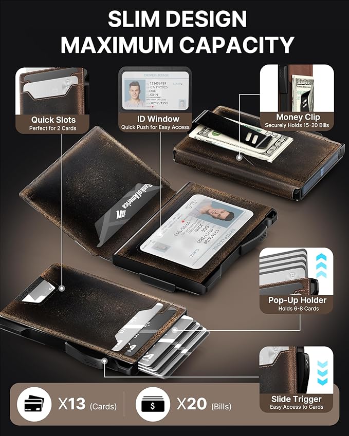 typecase Wallet for Men: Rfid-blocking with Money Clip Slim Leather Bifold ID Window Smart Pop Up Card Case Front Pocket Wallet with Gift Box (Burnished Black)