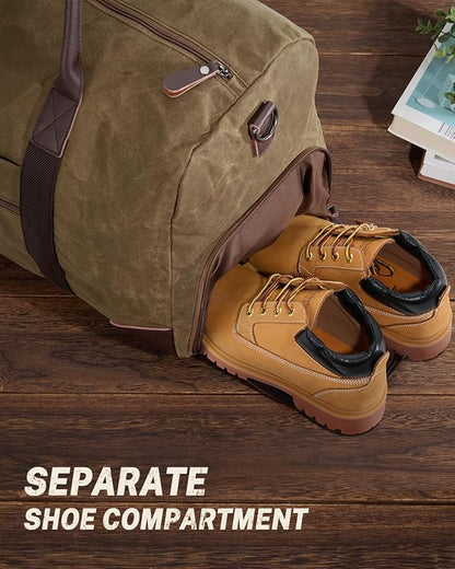 Gonex Waxed Canvas Duffle Bag for Travel, Water-resistant Vintage 55L Duffel Weekender with Shoes Compartment & Luggage Tag, Heavy-duty Overnight Bag with Suitcase Handle Sleeve for Men, Coffee
