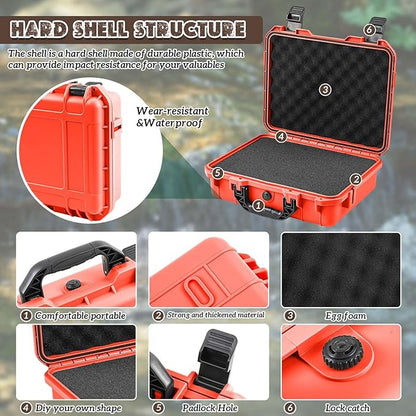 1 Pcs 8.5 x 6.5 x 3.7 Inch Waterproof Hard Case with DIY Customizable Foam Insert Portable Protective Case with Knife for Camera Drones Equipments Tools Test Instruments (Reddish Orange)
