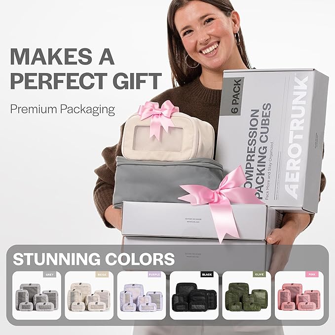 Aerotrunk Compression Packing Cubes for Travel - Luggage Organizer Bags - Double Zipper Packing Cubes for Suitcases (6-Pack, Mocha)