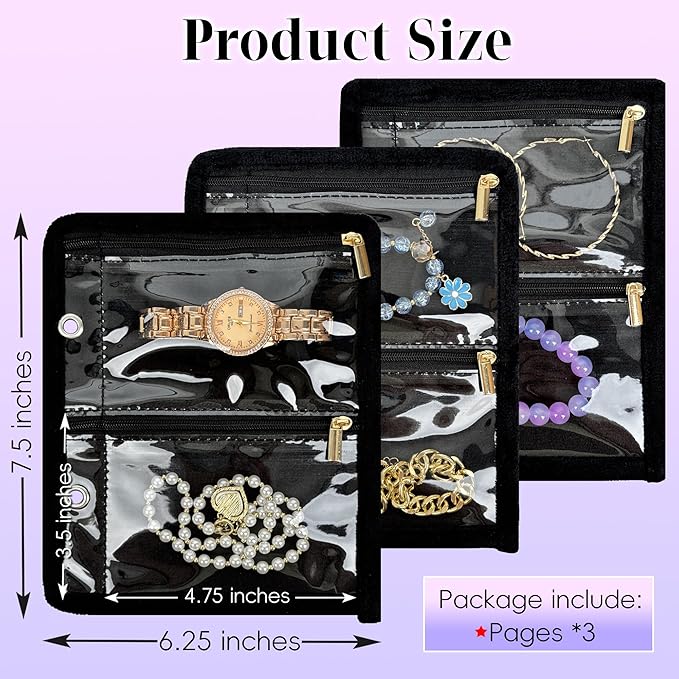 Travel Jewelry Organizer Case,Jewelry Bags for Traveling, Jewelry Binder with 24 Pcs Clear Zipper Velvet Pouches (Inner Pages, 3 PCS)