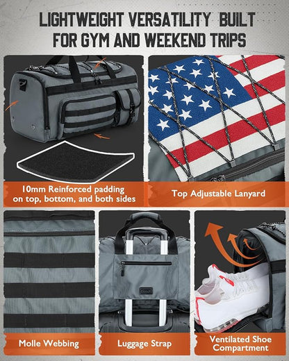 Gonex 45L Duffel Bag for Men, 3 in 1 Convertible Carry Gym Duffle with Shoe Compartment, Tactical Gear Loops, Water-Repellent Lining, Workout & Travel Bag (Gray)