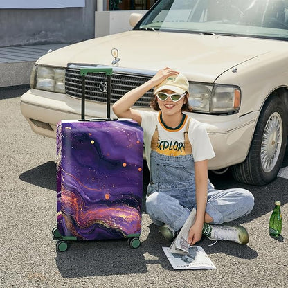 FOREVER QUEEN Luxury Purple Gold Marble Luggage Cover Suitcase Protector Suitcase Cover Anti-Scratch,Stretchable Bag Cover Washable Durable Polyester