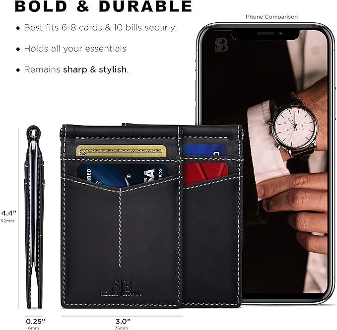 SERMAN BRANDS RFID Blocking Wallet Slim Bifold - Genuine Leather Minimalist Front Pocket Wallets for Men with Money Clip Gift (Charcoal Black)
