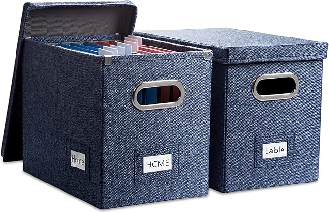PRANDOM File Organizer Box - Set of 2 Collapsible Decorative Linen Filing Storage Hanging File Folders with Lids Office Cabinet Letter Size Navy Blue (14x9.3x10.8 inch)