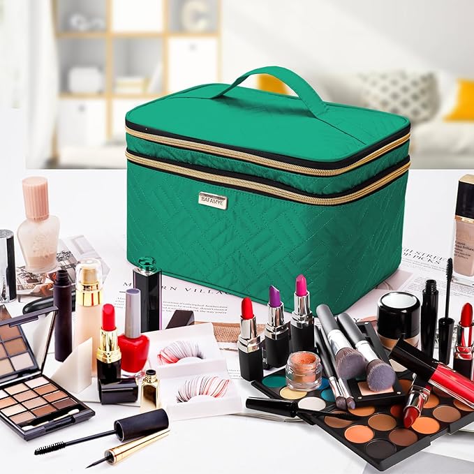 8.8L Double Layer Travel Makeup Bag With Mirror For Women, Large Cosmetic Case, Organizer for Travel-Size Accessories Bottles, Brushes,and Skin Care Products, 2.33 GAL, Green…