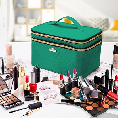 8.8L Double Layer Travel Makeup Bag With Mirror For Women, Large Cosmetic Case, Organizer for Travel-Size Accessories Bottles, Brushes,and Skin Care Products, 2.33 GAL, Green…