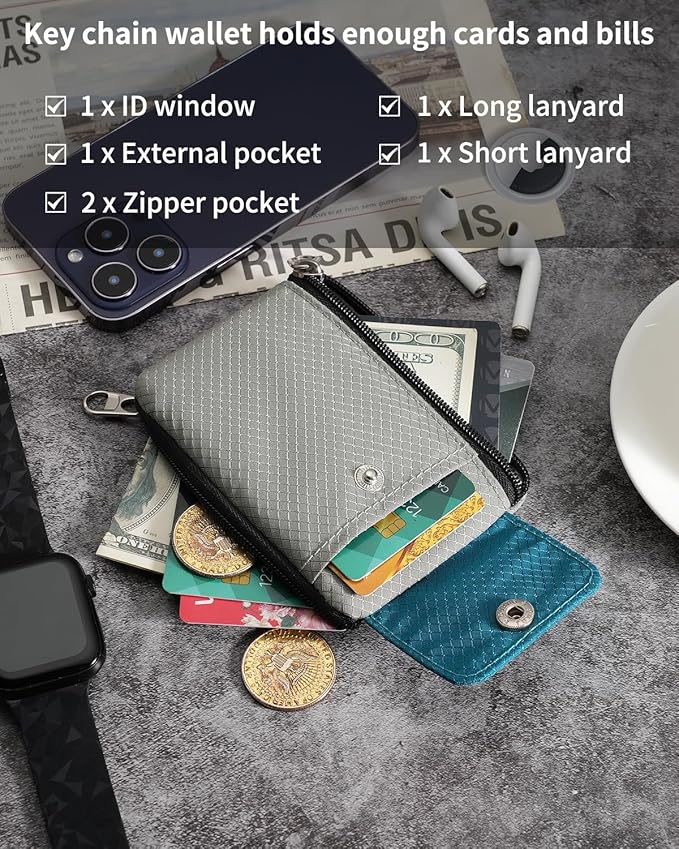 Minimalist Wallet For Mens Womens, Keychain RFID Blocking Zipper Small Wallet with ID Window 2 Lanyards,Water Resistant Travel Cash Card Coin Case Boys Girls