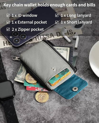 Minimalist Wallet For Mens Womens, Keychain RFID Blocking Zipper Small Wallet with ID Window 2 Lanyards,Water Resistant Travel Cash Card Coin Case Boys Girls