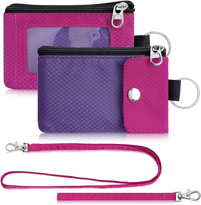 Minimalist Wallet For Mens Womens, Keychain RFID Blocking Zipper Small Wallet with ID Window 2 Lanyards,Water Resistant Travel Cash Card Coin Case Boys Girls
