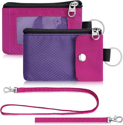 Minimalist Wallet For Mens Womens, Keychain RFID Blocking Zipper Small Wallet with ID Window 2 Lanyards,Water Resistant Travel Cash Card Coin Case Boys Girls