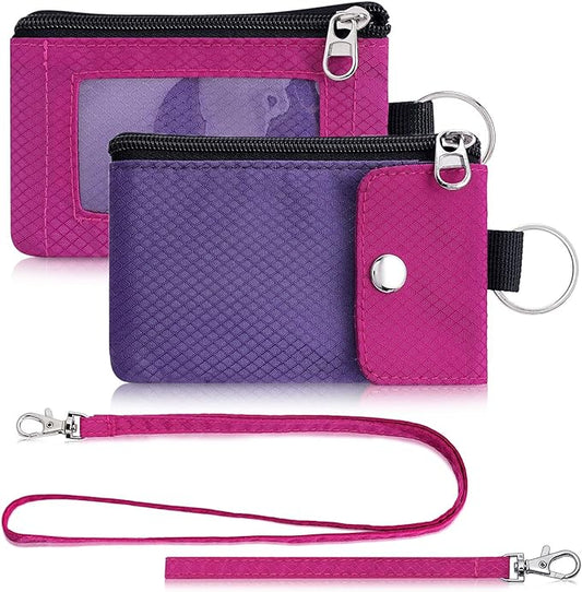 Minimalist Wallet For Mens Womens, Keychain RFID Blocking Zipper Small Wallet with ID Window 2 Lanyards,Water Resistant Travel Cash Card Coin Case Boys Girls
