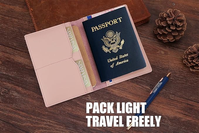 STAR VISTA Albatross Leather Travel Passport Holder, Minimalist Design, Calfskin Leather Case for Women and Men - Slim Passport Wallet, Bifold, RFID Blocking, Pale Pink