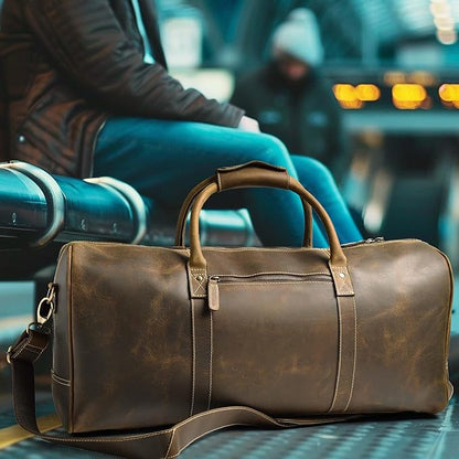 Leather Village Leather Duffel Bags for Men & Women-Stylish Travel Weekender Carry-On Sports Gym Overnight Luggage Bag - 20 Inch - Olive/Army Green