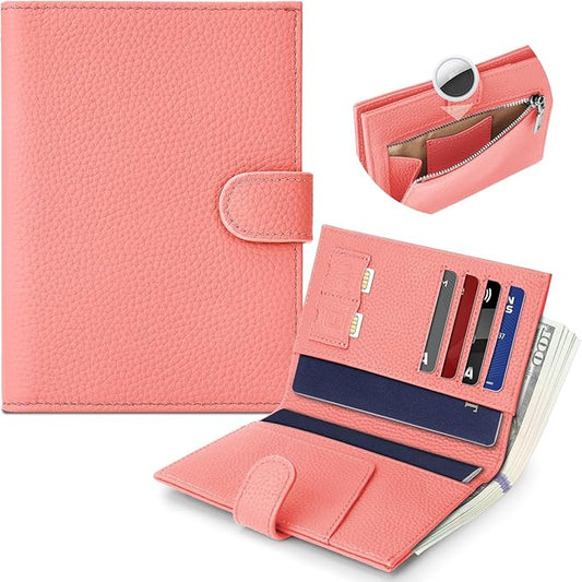 Genuine Leather Passport Holder for Women Men, Hidden Airtag Pocket, RFID Blocking, Zippered Coins Pocket & Cash Compartment Travel Gifts Essentials Passport Cover Case - Hot pink