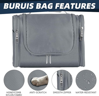 Buruis Large Toiletry Bag for Women and Men, Hanging Travel Bag for Makeup, Cosmetics, Shaving, Toiletries, Water-Resistant Dopp Kit for Gym, Camping, or Daily Use, Gray