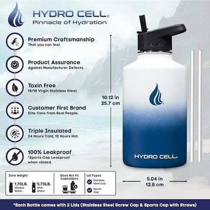 HYDRO CELL Stainless Steel Insulated Water Bottle with Straw - For Cold & Hot Drinks - Metal Vacuum Flask with Screw Cap and Modern Leakproof Sport Thermos for Adults (Navy/White 64oz)