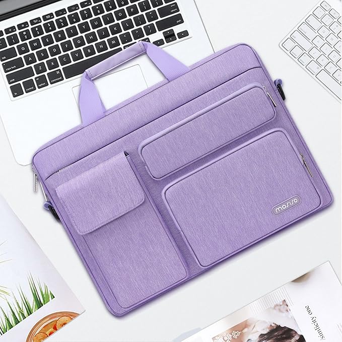 MOSISO Laptop Shoulder Bag 15.6 inch, 15-15.6 inch Computer Bag Compatible with MacBook Pro 16 inch, HP, Dell, Lenovo, Notebook with 2 Raised&1 Flapover&1 Horizontal Pocket&Handle&Belt, Purple