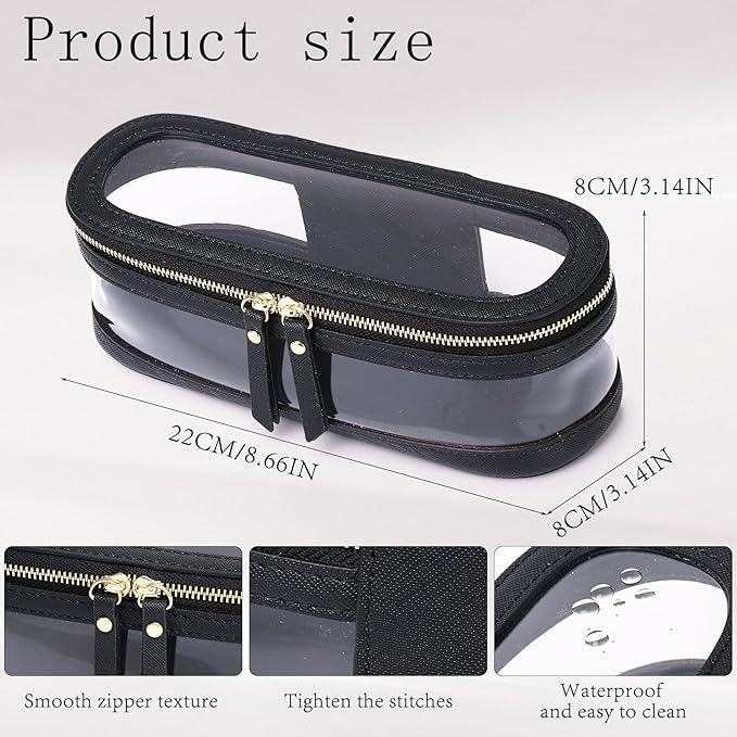 Pinkmik Makeup Brush Case Clear Travel Cosmetic & Toiletry Bag Slim Makeup Bag with Zipper Small Purse Organizer Car Essential Bag for Women (Black, SLIM-2),