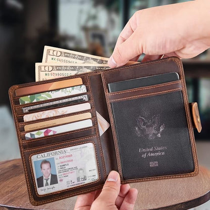 Polare Luxury RFID Blocking Leather Passport Holder Travel Wallet For Men and Women (Dark Brown(Snap Version))
