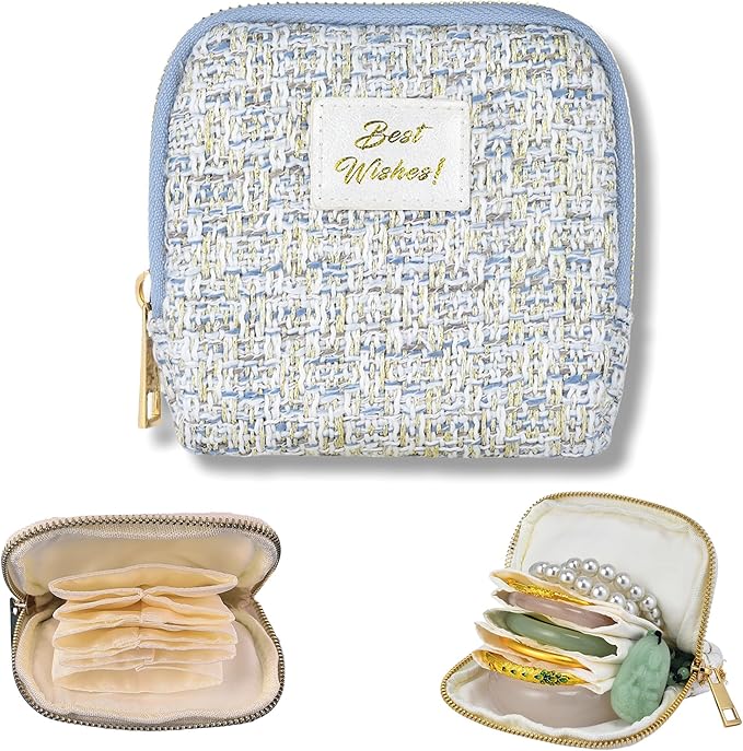 Small Travel Jewelry Case, Soft Tweed Organizer Pouch for Bangle, Bracelets, large Earrings, Beaded necklace, Anti-Scratch & Portable Jewelry Bag Holder for Travel & Everyday Use (Icy Blue Tweed)