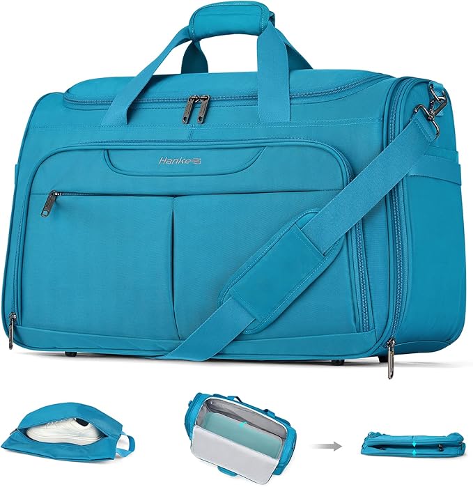 Hanke Carry On luggage Bags for Travel, Large Foldable Duffle Bag for Travel, Softside Lightweight Travel Bag Carry On Bags for Airplanes Women, Travel Tote Bags for Women Men.(Caribbean Blue)