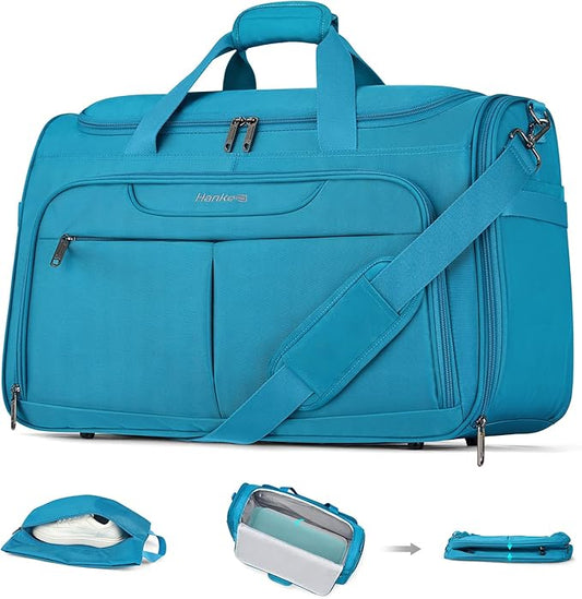 Hanke Carry On luggage Bags for Travel, Large Foldable Duffle Bag for Travel, Softside Lightweight Travel Bag Carry On Bags for Airplanes Women, Travel Tote Bags for Women Men.(Caribbean Blue)