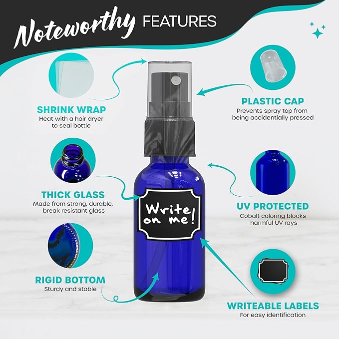 Nevlers Cobalt Blue Glass 1 Oz Small Spray Bottle 48 Pack | Misting Bottle Set w/Shrink Wrap, Funnel, Brush, Marker & Labels | Empty Spray Bottles For Essential Oils, Fragrance, Hand Sanitizer & More