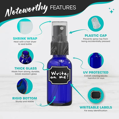 Nevlers Cobalt Blue Glass 1 Oz Small Spray Bottle 48 Pack | Misting Bottle Set w/Shrink Wrap, Funnel, Brush, Marker & Labels | Empty Spray Bottles For Essential Oils, Fragrance, Hand Sanitizer & More
