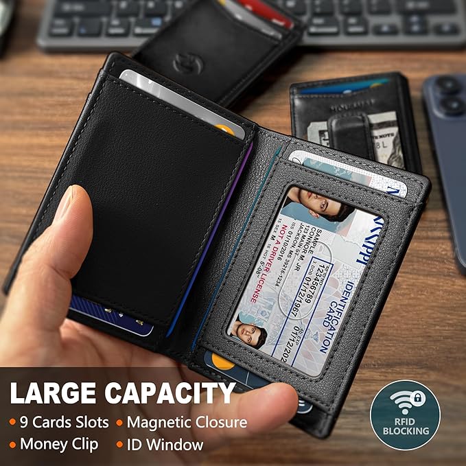 Magnetic Closure Slim Wallet for Men with Money Clip Gift Boxed,Genuine Leather Front Pocket Wallet, 3.9"x 2.7", RFID Blocking