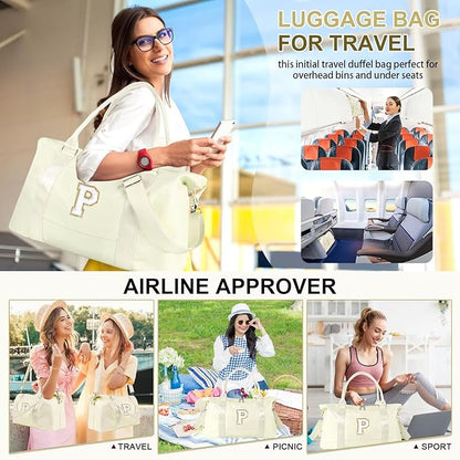 Dance Gym Duffel Bag for Teen Girls, Personalized Initial Travel Weekender Bag,Cute Overnight Carry On Duffle for Women,Sports Travel Cheer Bag,Monogram Christmas Gifts for Tween Preppy(beige-P)