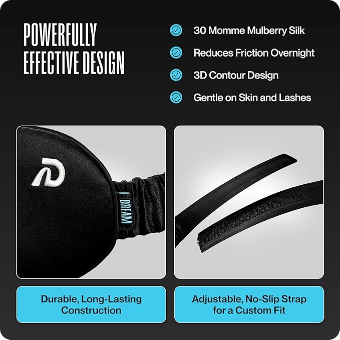 Dream Recovery The Luxe Mask - 3D Performance Silk Sleep Mask for Side Sleepers - 100% Light Blocking, Adjustable Eye Cover for Sleeping