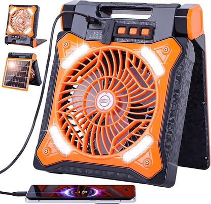 Solar Fan Battery Powered Rechargeable Solar Camping Fan with Led Lantern Power Bank Foldable Angle USB Personal Fans for Travel Outdoor CampingTents camping essentials X98 Orange