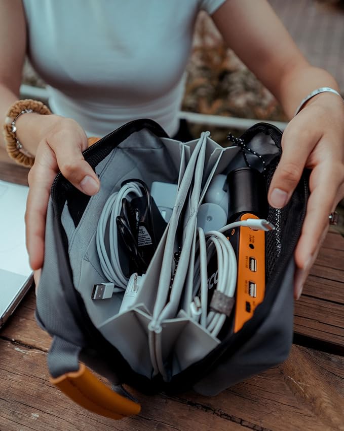 Tech Bag Organizer - Small Electronics Organizer Pouch for Travel - Premium Travel Case with Leather Accents - Mesh Pocket for Cables, Cords and Chargers (Black)