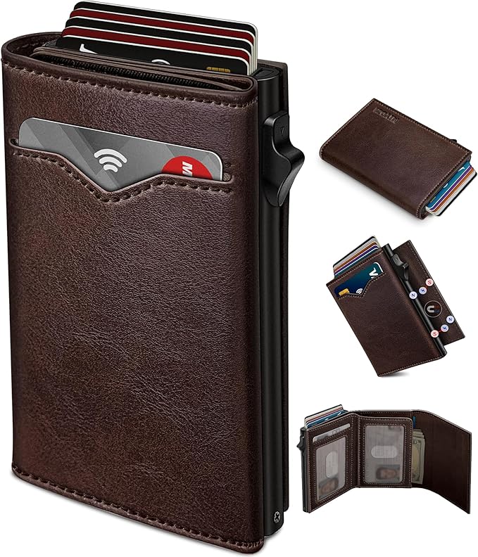 Wallet for Men,with Cash Pocket 2 ID Window 9-13 Cards,Metal Case Smart Slim Pop Up Credit Card Holder Flip with Magnetic Closure RFID Blocking Trifold wallet with Gift Box