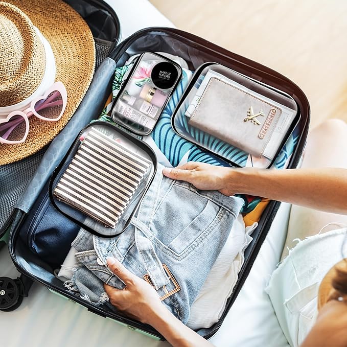 3Pcs Clear Zipper Pouch, PVC Plastic Cosmetic Travel Bag, Portable Travel Organizer Bins, Durable Makeup Bags for Storage, Pencil Case(Black-13.8+9.9+7.5inch)